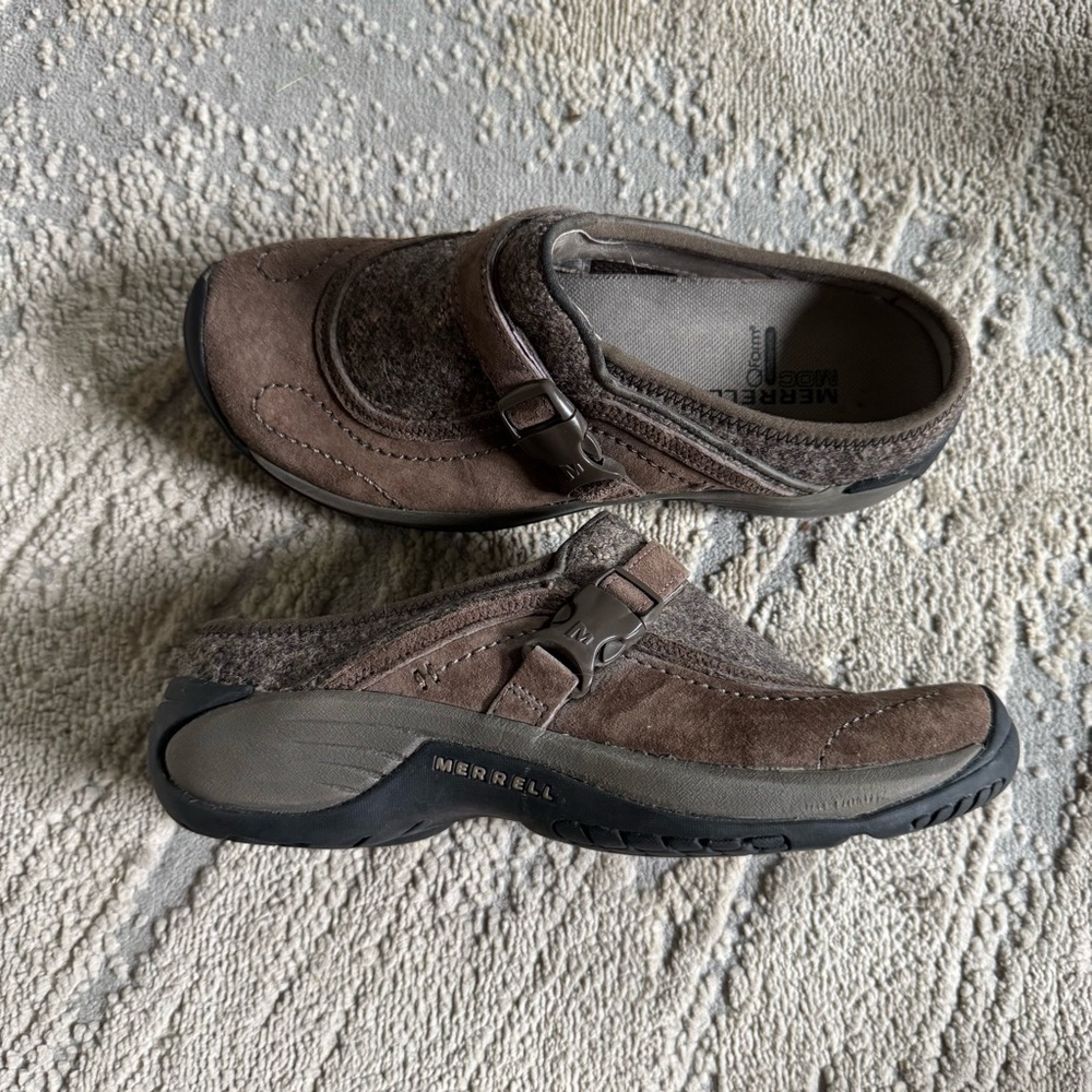 Merrell Encore Sidestep J66626 Brown Leather suede Slip On Mules Shoes 7.5